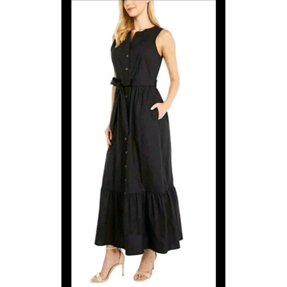 Calvin Klein Cotton Maxi Midi Dress Ruffle Hem Black SZ 10 - Picture 2 of 7